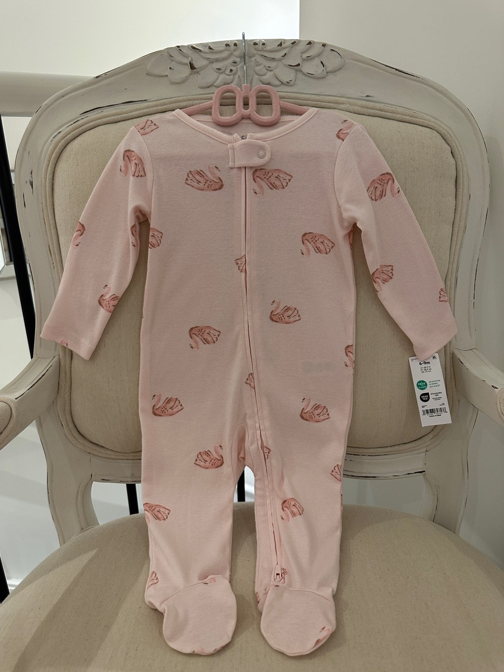 🦢 6~9 Mth Ballet Pink 100% Cotton Swan Print Baby One-Piece Footed Pajamas NWT